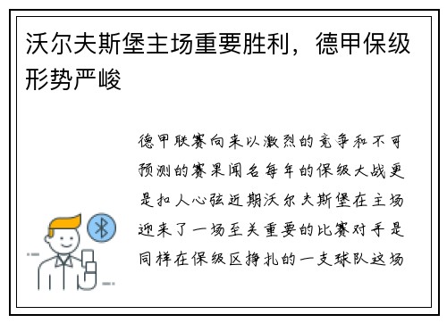 沃尔夫斯堡主场重要胜利，德甲保级形势严峻