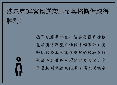 沙尔克04客场逆袭压倒奥格斯堡取得胜利！